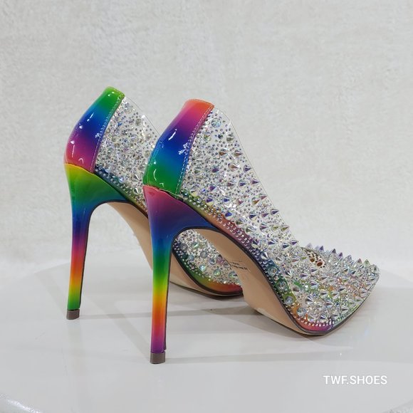 Spicy Stiletto PVC Clear Pumps Rainbow Colorful Studs & Rhinestone Pumps Hi… - Picture 12 of 14